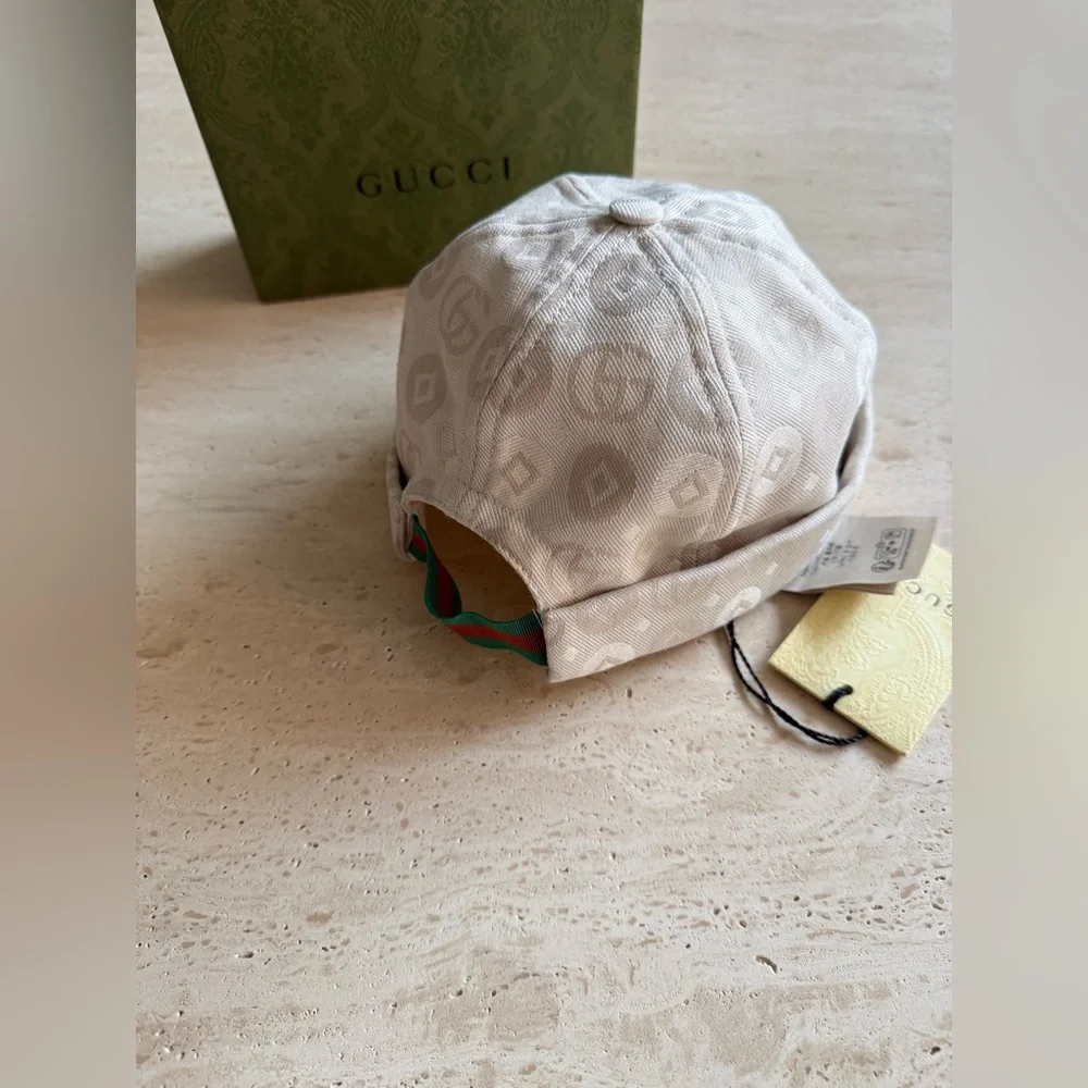 NWT GUCCI GG Kids Jacquard Docker Hat In Ivory Web Elastic Band Sz L / 56cm 💝💖